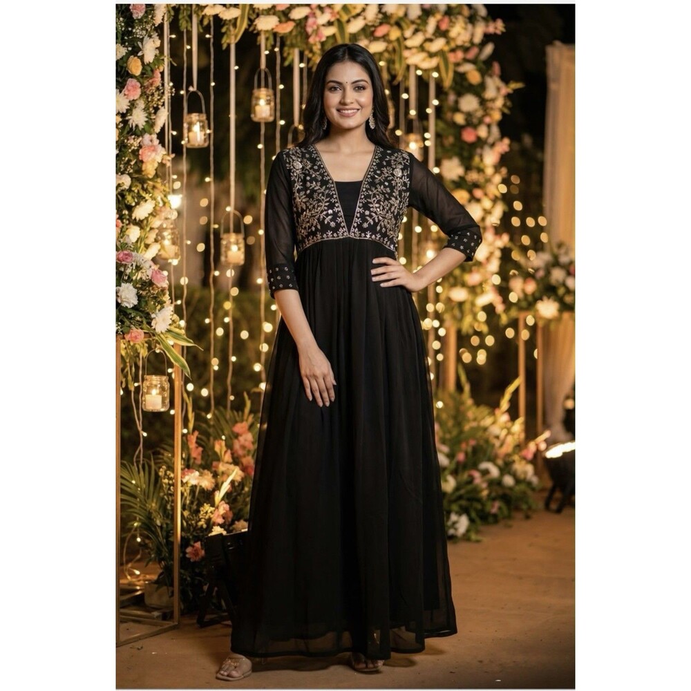 Amayra Maxi Dress with Embroidery and Hand Work Georgette Lined Size Medium NWOT